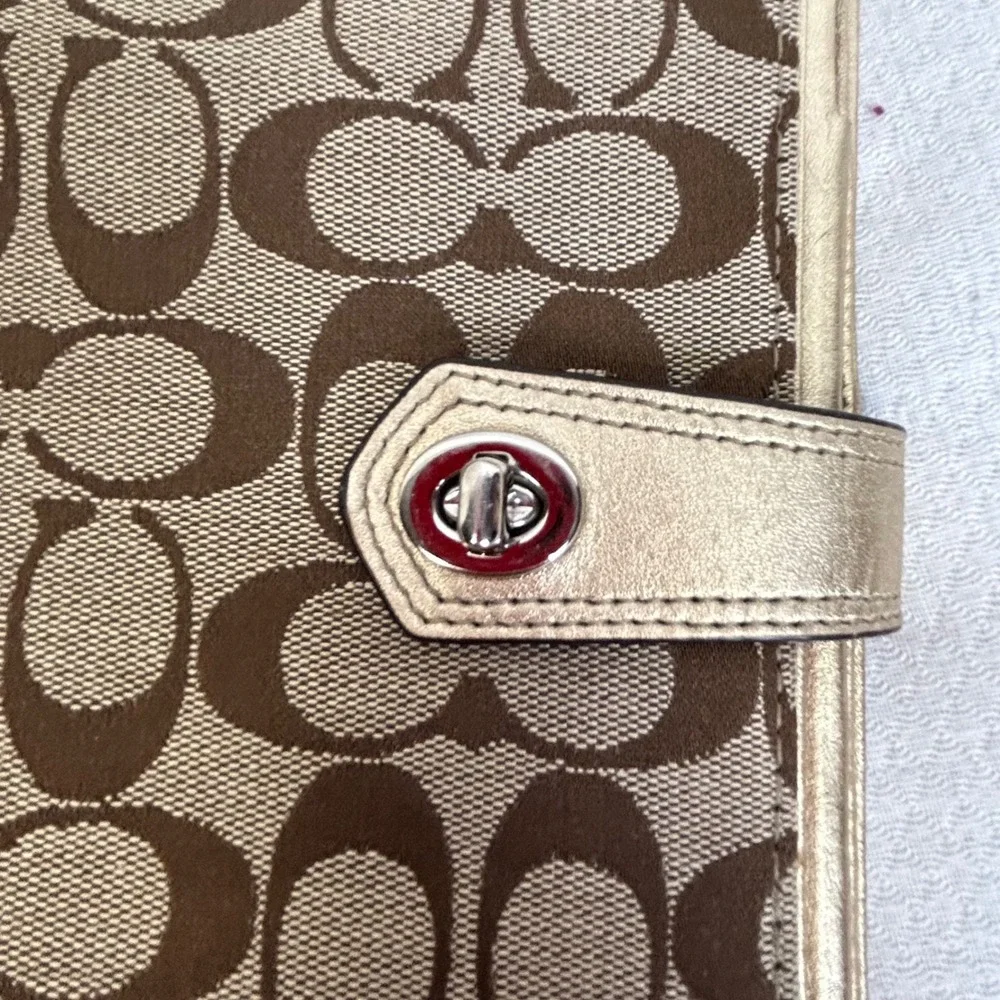 Coach Signature Monogram iPad Case Brown Gold Metallic Leather Turnlock Folio